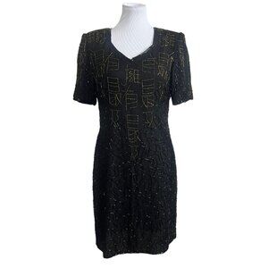 Mark & John by Sam Black Evening Dress Gold Beads Black Sequin Sz L Pure Silk